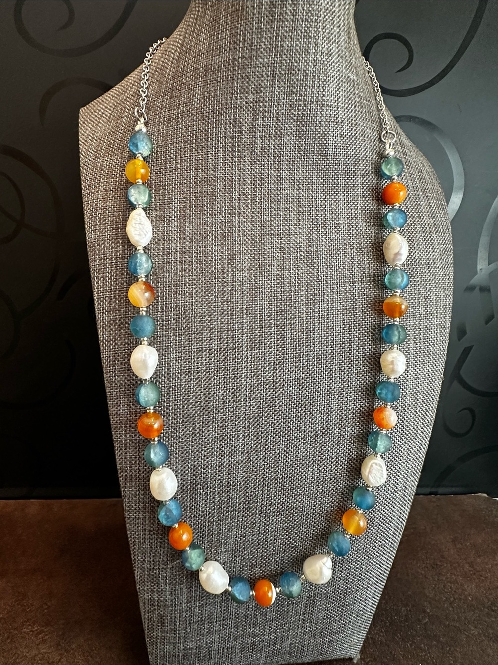 Elegant Blue, Orange & White Beaded Necklace - Women Jewelry